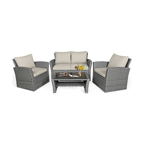 4 Pieces Outdoor Patio Rattan Furniture Set Sofa Table with Storage Shelf and Cushion