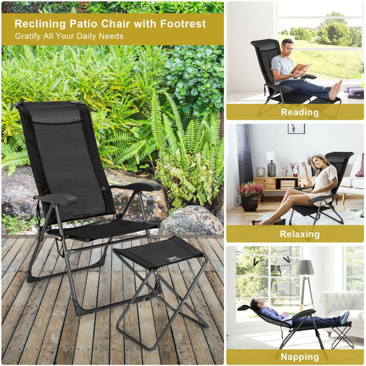 2 Pieces Patio Adjustable Back Folding Dining Chair Set with Ottoman