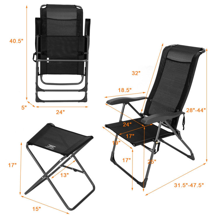 2 Pieces Patio Adjustable Back Folding Dining Chair Set with Ottoman