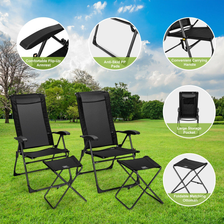 2 Pieces Patio Adjustable Back Folding Dining Chair Set with Ottoman