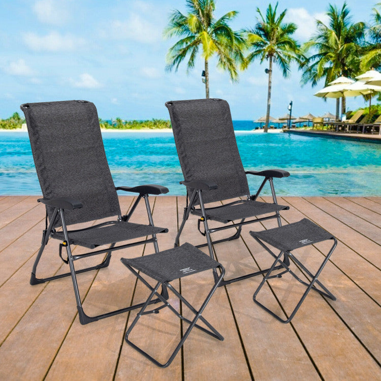 2 Pieces Patio Adjustable Back Folding Dining Chair Set with Ottoman