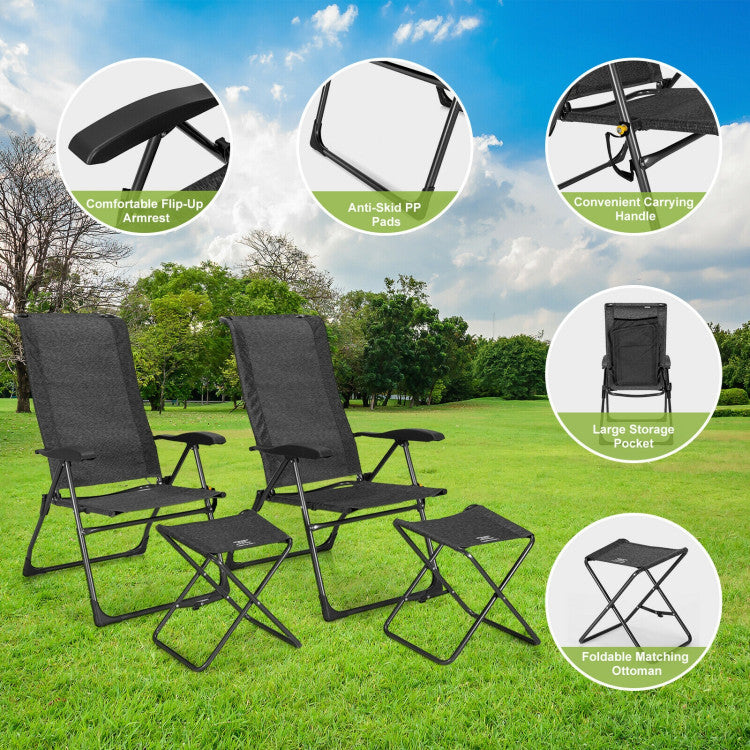 2 Pieces Patio Adjustable Back Folding Dining Chair Set with Ottoman