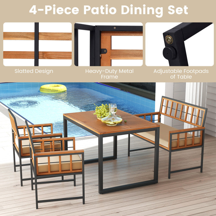 4 Pieces of Acacia Wood Patio Dining Table and Chairs Set with Umbrella Hole and Cushions