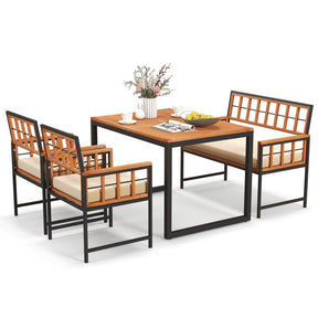 4 Pieces of Acacia Wood Patio Dining Table and Chairs Set with Umbrella Hole and Cushions