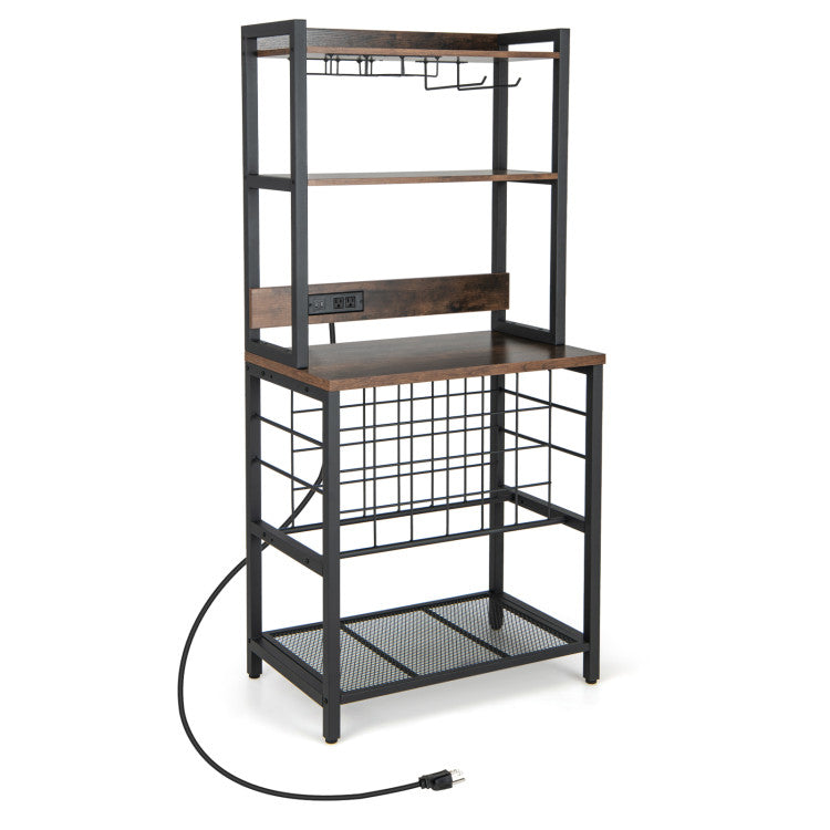 4 Tier Storage Shelves Wine Bar Cabinet Wine Rack with Glass Holders and Charging Station