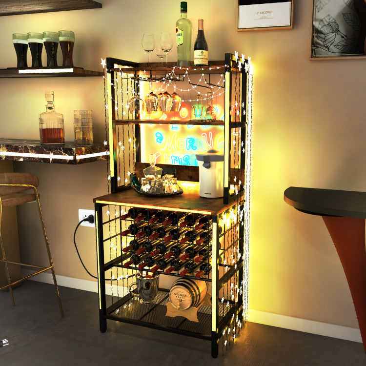 4 Tier Storage Shelves Wine Bar Cabinet Wine Rack with Glass Holders and Charging Station