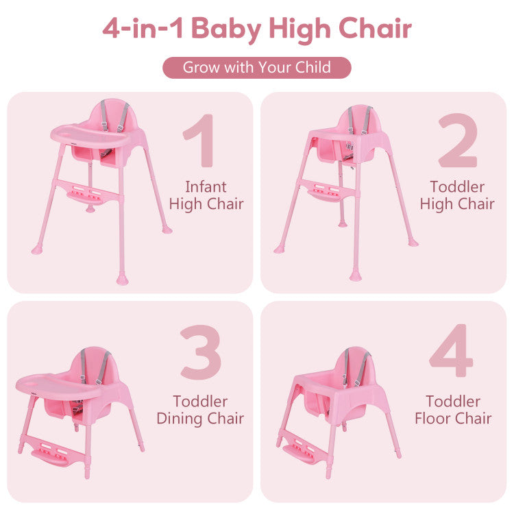 4 in 1 Convertible Kids Baby Dining High Chair with Removable Tray and Adjustable Footrest