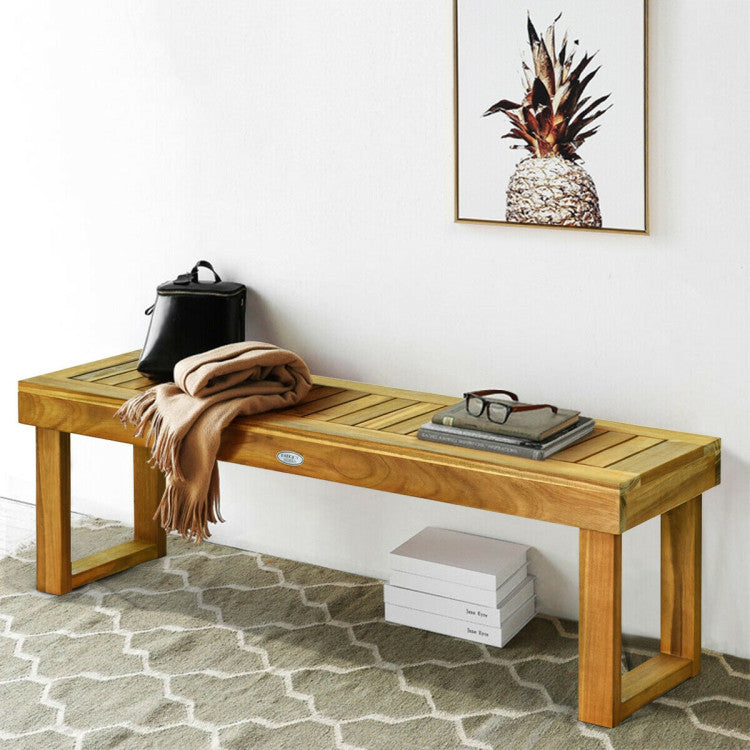 52 Inch Acacia Wood Dining Bench Outdoor Bench with Slatted Seat