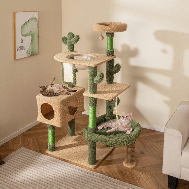 Hikidspace 59 Inch Multilevel Cactus Cat Tree Cat Tower Activity Center with Scratching Posts Toy_Green