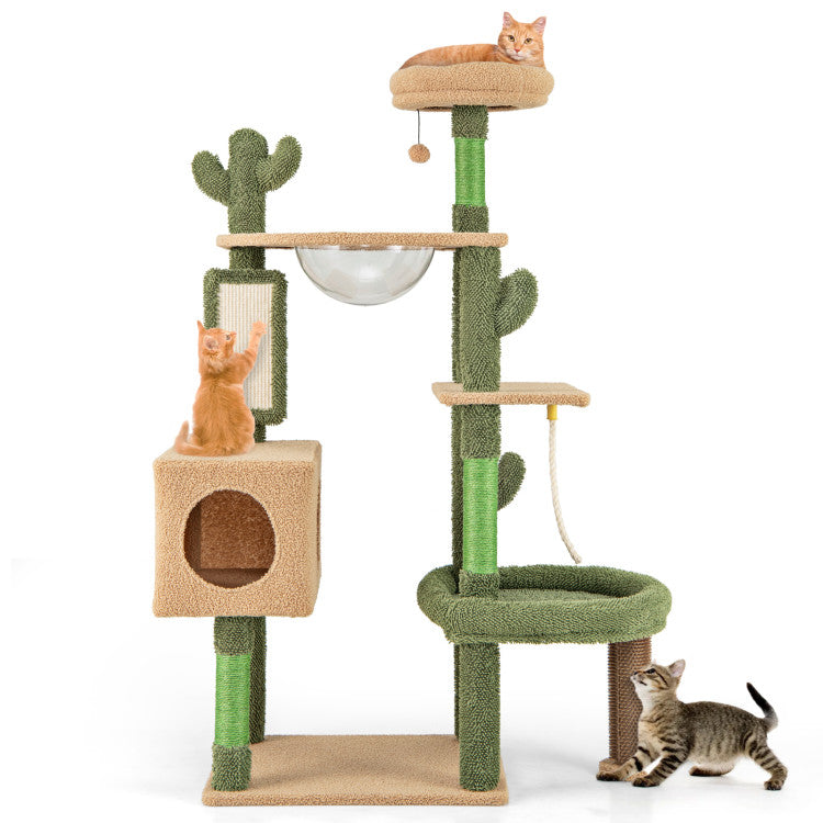 Hikidspace 59 Inch Multilevel Cactus Cat Tree Cat Tower Activity Center with Scratching Posts Toy_Green