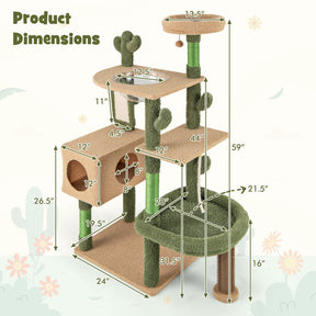 Hikidspace 59 Inch Multilevel Cactus Cat Tree Cat Tower Activity Center with Scratching Posts Toy_Green