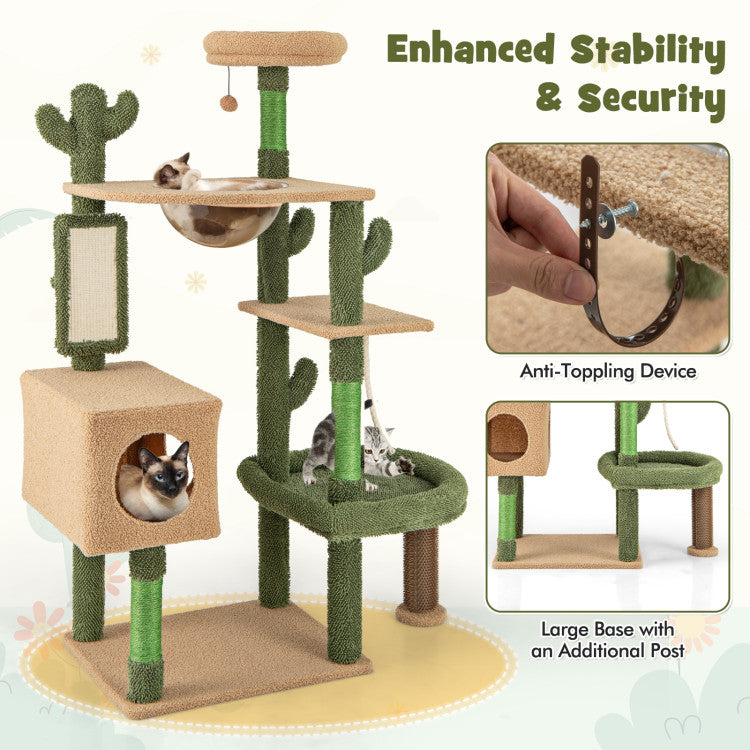 Hikidspace 59 Inch Multilevel Cactus Cat Tree Cat Tower Activity Center with Scratching Posts Toy_Green