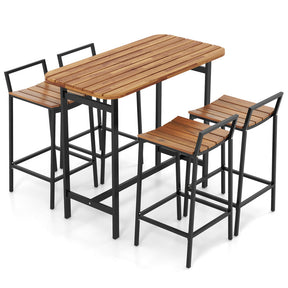 5 Piece Acacia Wood Bar Table Set Farmhouse Style Bar Height Table and Chairs with Footrest