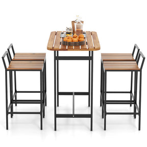 5 Piece Acacia Wood Bar Table Set Farmhouse Style Bar Height Table and Chairs with Footrest