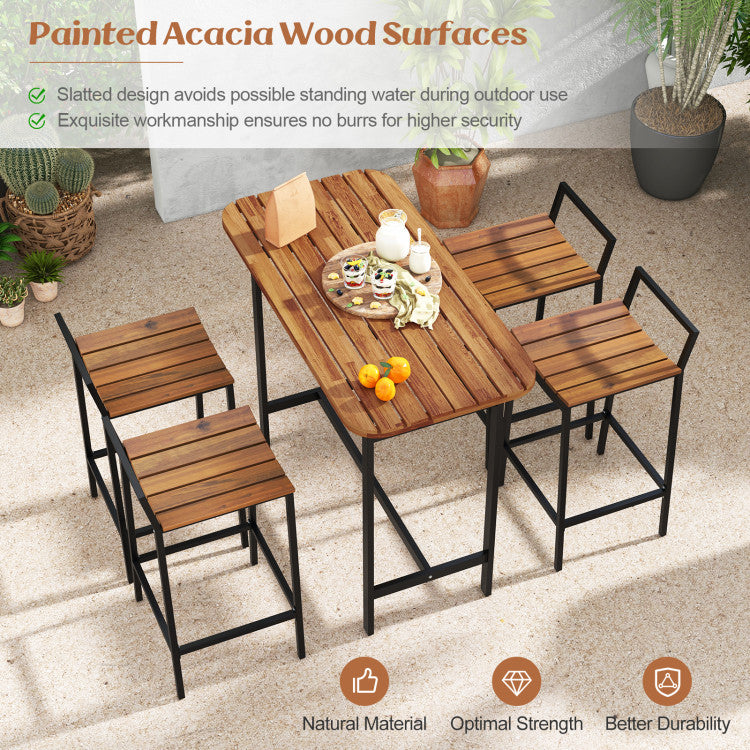 5 Piece Acacia Wood Bar Table Set Farmhouse Style Bar Height Table and Chairs with Footrest