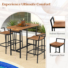 5 Piece Acacia Wood Bar Table Set Farmhouse Style Bar Height Table and Chairs with Footrest