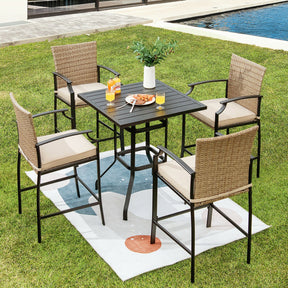 5 Pieces Outdoor Rattan Bistro Bar Stool Table Set Patio Dining Set with Cushions