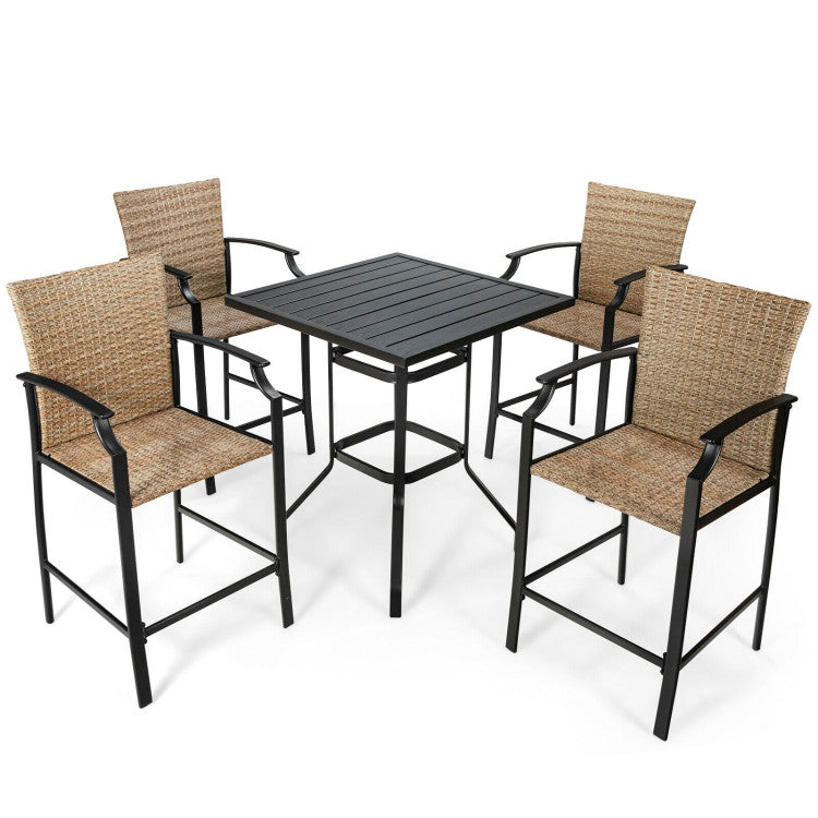 5 Pieces Outdoor Rattan Bistro Bar Stool Table Set Patio Dining Set with Cushions