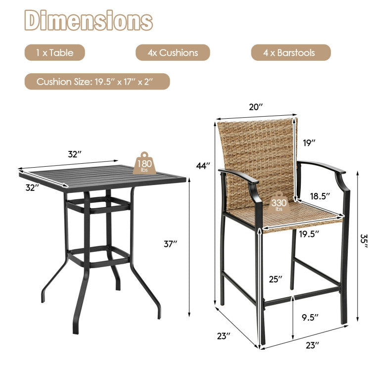 5 Pieces Outdoor Rattan Bistro Bar Stool Table Set Patio Dining Set with Cushions