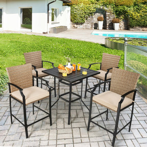 5 Pieces Outdoor Rattan Bistro Bar Stool Table Set Patio Dining Set with Cushions