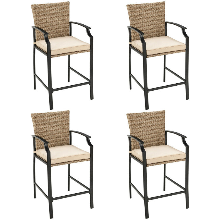 5 Pieces Outdoor Rattan Bistro Bar Stool Table Set Patio Dining Set with Cushions