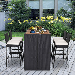 5 Pieces Patio Acacia Wood Dining Bar Table Stools Set with cushions for Garden and Poolside