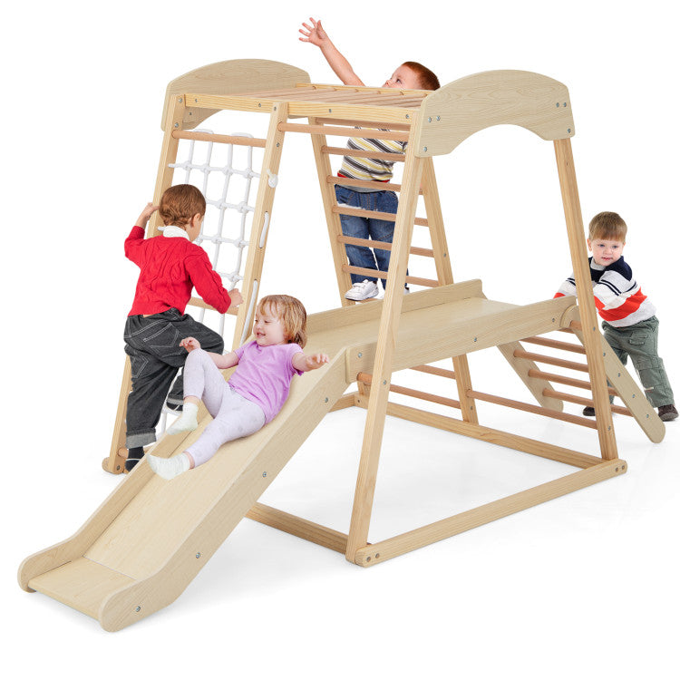 6-in-1 Indoor Jungle Gym Kids Wooden Playground Climbing Slide with Monkey Bars