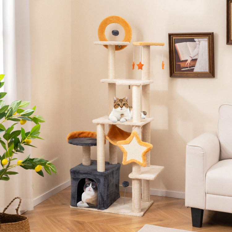 Hikidspace 63 Inch Multi-level Cat Tower with Scratching Board and Toys