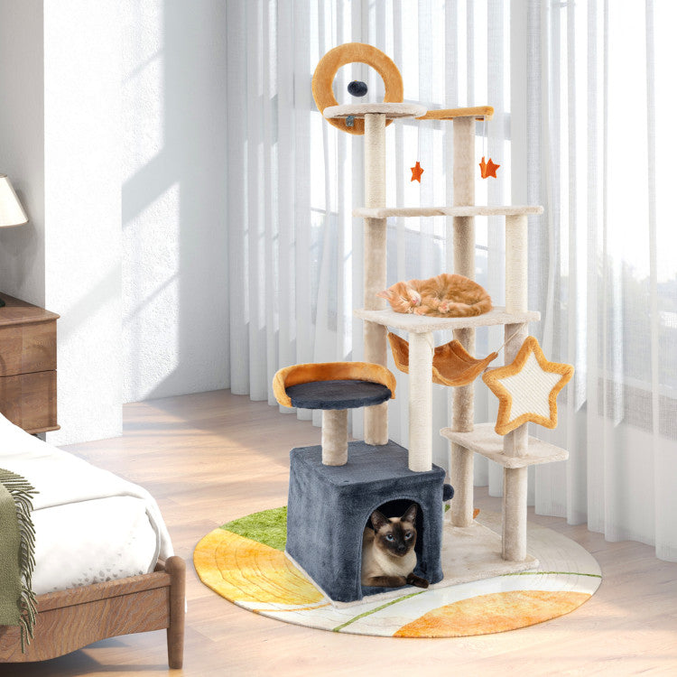 Hikidspace 63 Inch Multi-level Cat Tower with Scratching Board and Toys