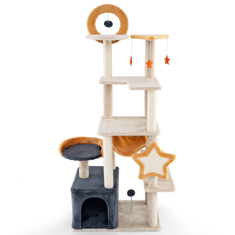 Hikidspace 63 Inch Multi-level Cat Tower with Scratching Board and Toys