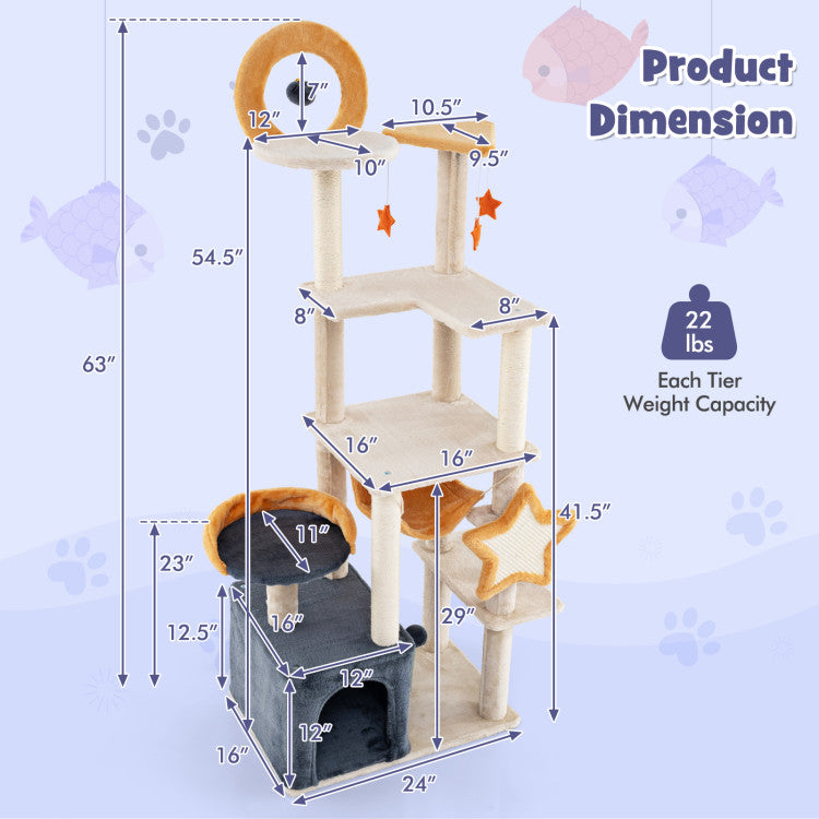 Hikidspace 63 Inch Multi-level Cat Tower with Scratching Board and Toys