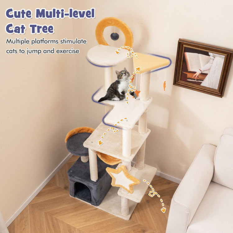 Hikidspace 63 Inch Multi-level Cat Tower with Scratching Board and Toys