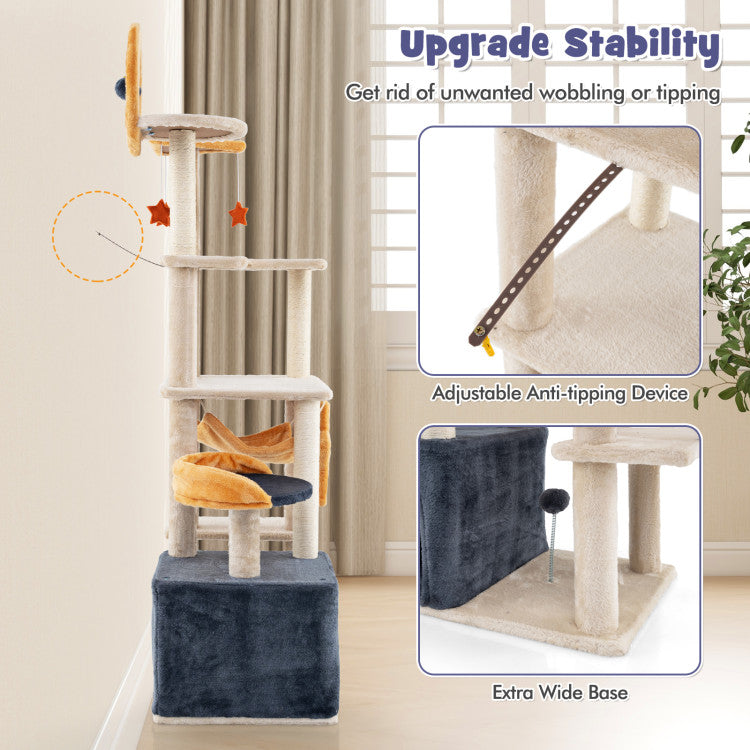 Hikidspace 63 Inch Multi-level Cat Tower with Scratching Board and Toys