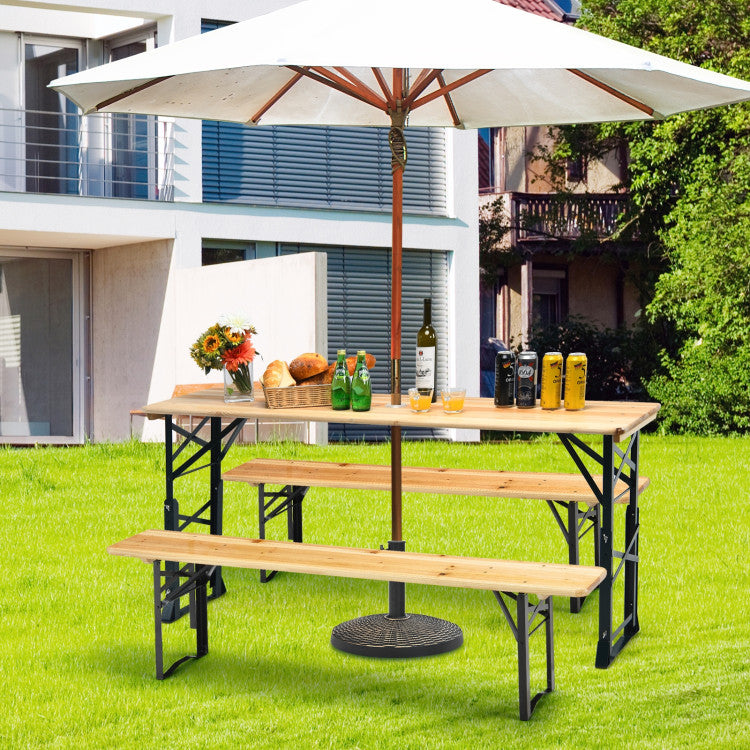 66.5 Inch Outdoor Wood Folding Picnic Beer Table with Adjustable Heights and Umbrella Hole