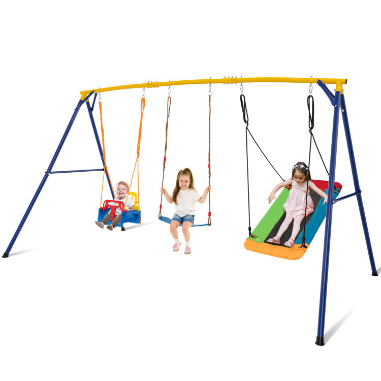 660 LBS Heavy Duty Carbon Steel Play Swing Frame with 3 Adjustable Height Swings