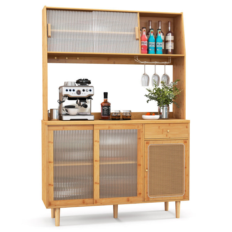 69 Inch Wine Bar Kitchen Cabinet with Sliding Tempered Glass and Rattan Door