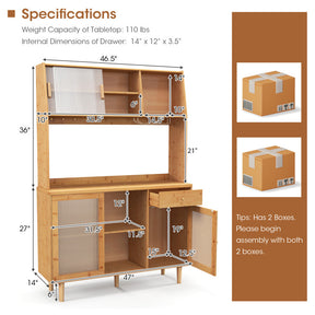 69 Inch Wine Bar Kitchen Cabinet with Sliding Tempered Glass and Rattan Door