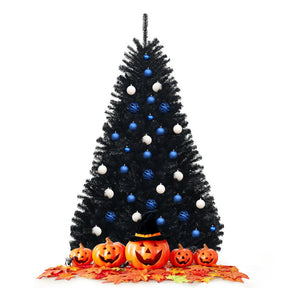 6/7 Feet Hinged Artificial Black Halloween Tree Christmas Tree with Metal Stand