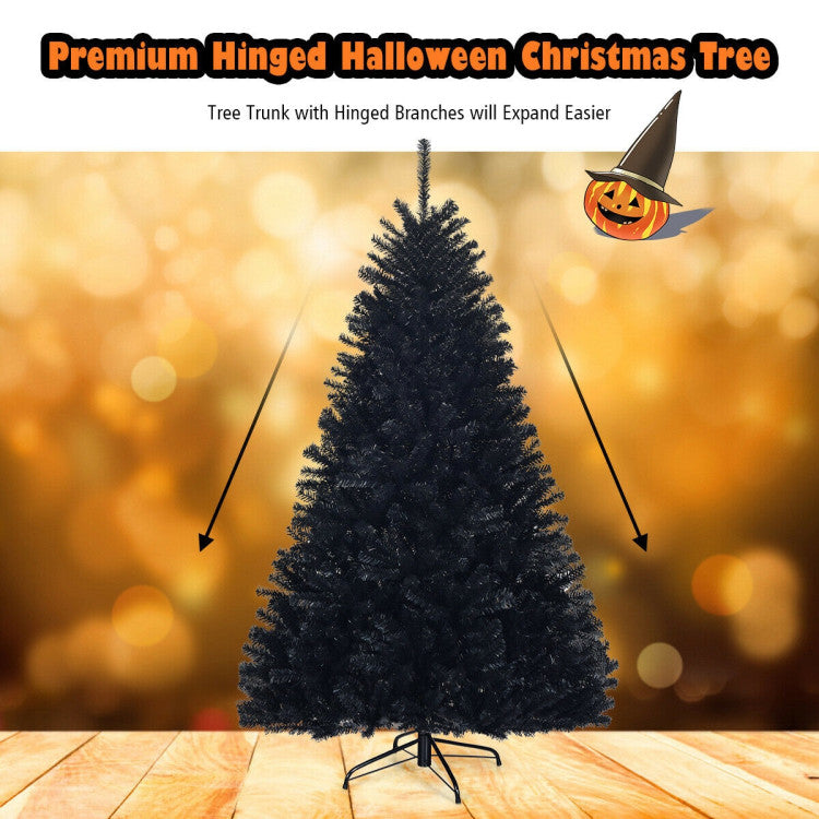 6/7 Feet Hinged Artificial Black Halloween Tree Christmas Tree with Metal Stand