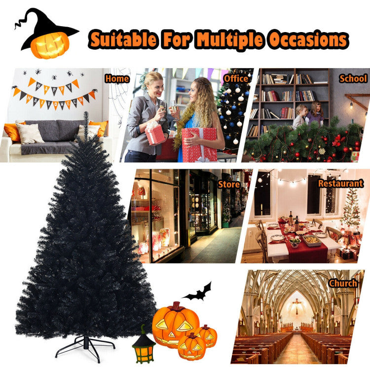 6/7 Feet Hinged Artificial Black Halloween Tree Christmas Tree with Metal Stand