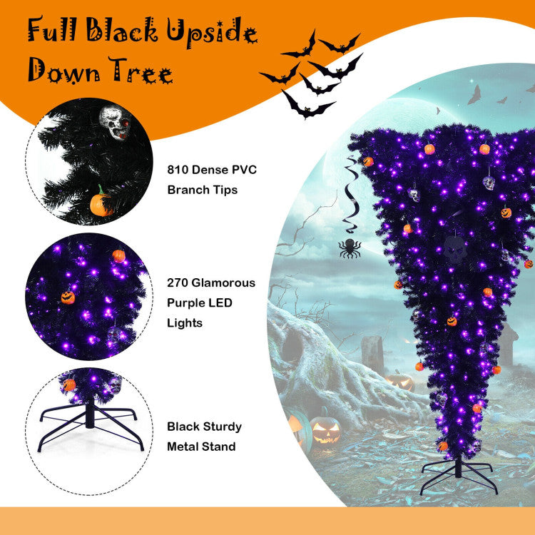 6 Feet Upside Down Artificial Christmas Tree with 270 Purple LED lights for Halloween