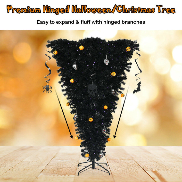 6 Feet Upside Down Artificial Christmas Tree with 270 Purple LED lights for Halloween