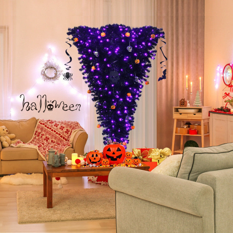 6 Feet Upside Down Artificial Christmas Tree with 270 Purple LED lights for Halloween