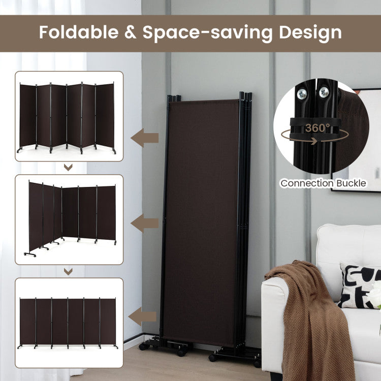 6 Panels 5.7 Feet Tall Rolling Room Divider with Lockable Wheels