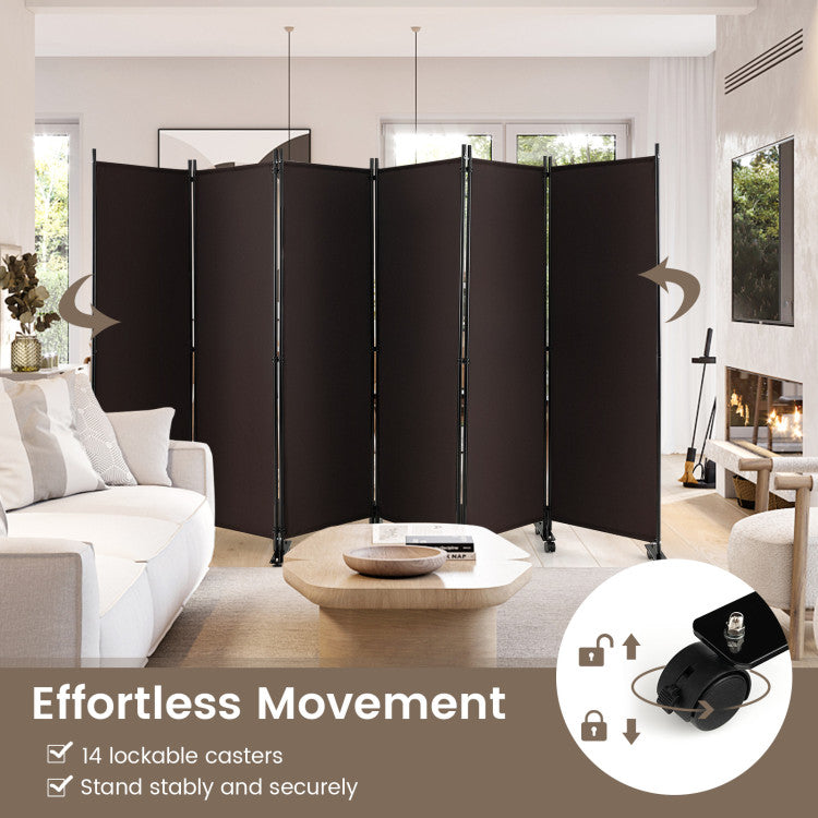 6 Panels 5.7 Feet Tall Rolling Room Divider with Lockable Wheels