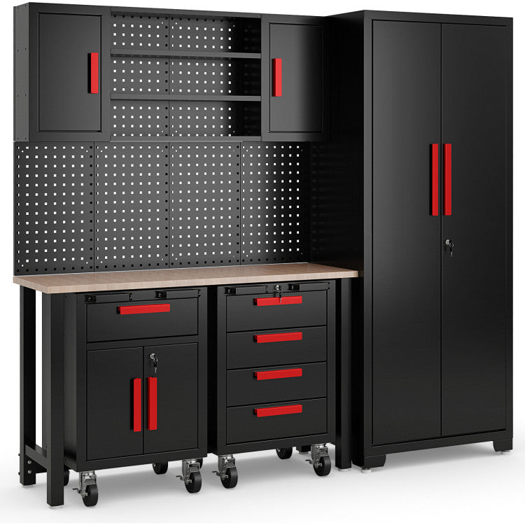 6 Pieces Toolbox Garage Cabinets and Storage System Set with Pegboard and Rolling Chests