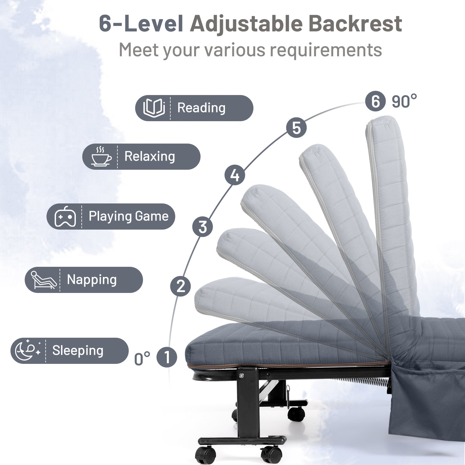 6 Position Adjustable Folding Recliner Guest Bed Frame with Mattress and Wheels