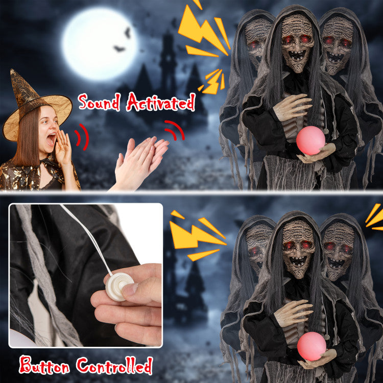 Hikidspace 6ft Halloween Animatronics Standing Witch with Light Up Eyes and Magical Ball