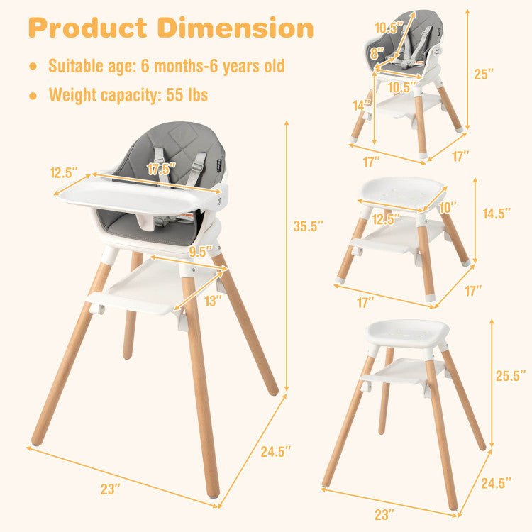 6 in 1 Convertible Nursery Highchair with Safety Harness and Removable Tray