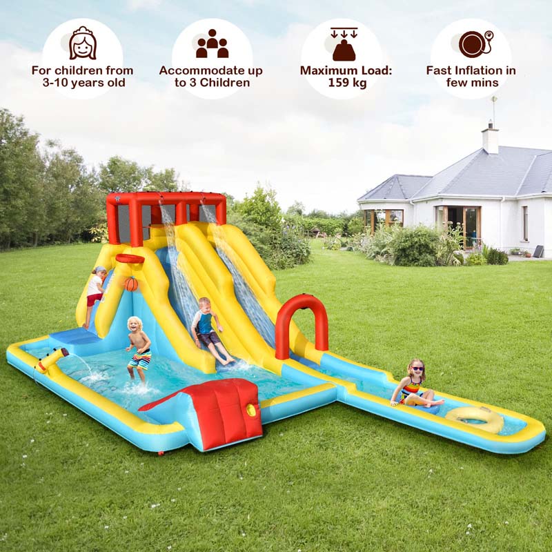 7-in-1 Dual Long Slide Inflatable Water Park with 750W Blower, Jumping Bounce House w/Climbing Wall, Swimming Pool, Basketball Hoop, Water Gun